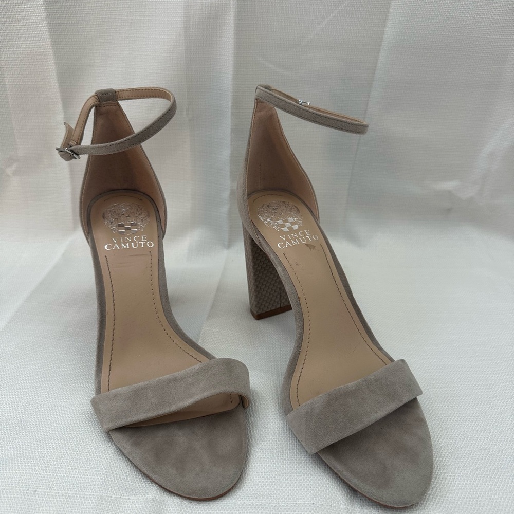 Vince Camuto Gray Suede Ankle-Strap Block Heel Sandals
